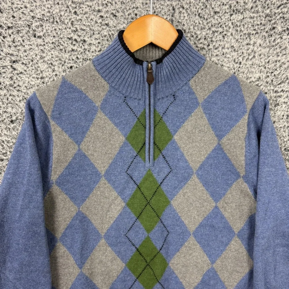 Brooks Brothers Sweater Mens Medium Blue Argyle 1/4 Zip Mock Neck Merino Knit